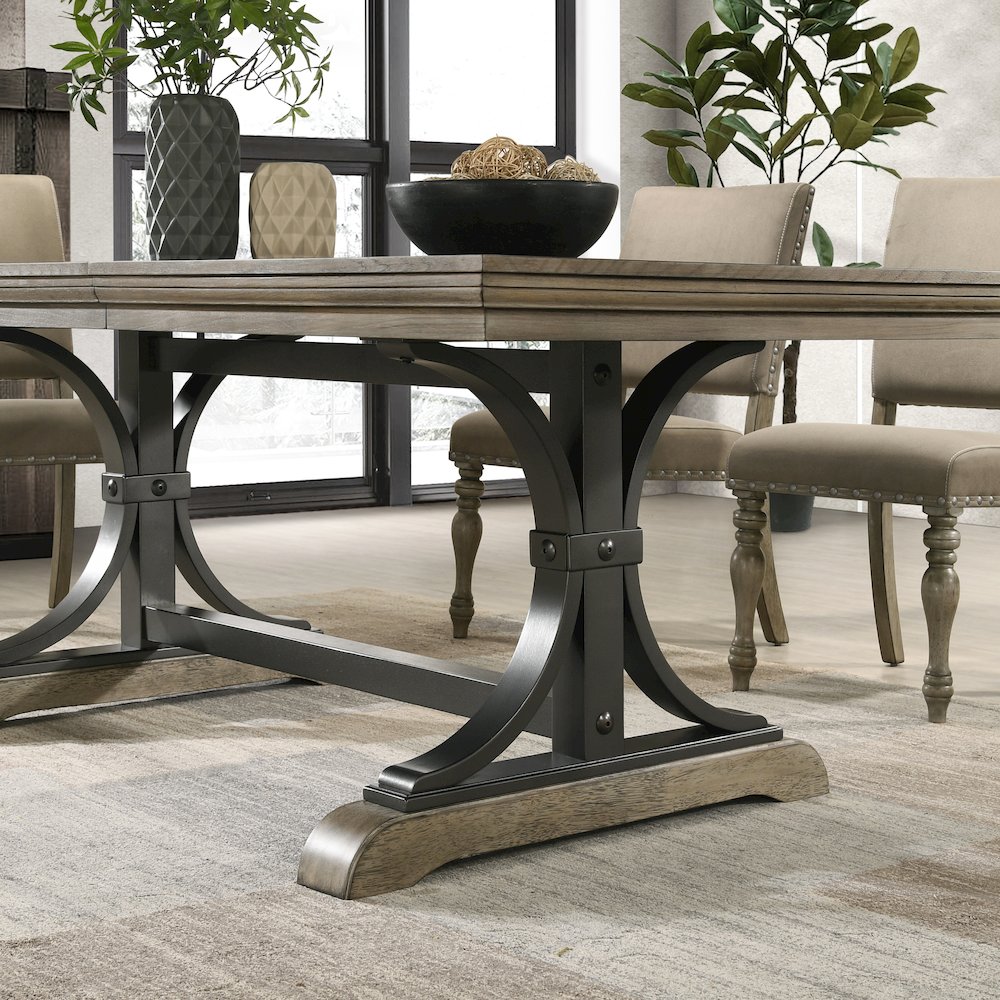 8-Piece Extendable Table with Nailhead Bench and Armchairs Dining Set, Driftwood. Picture 5