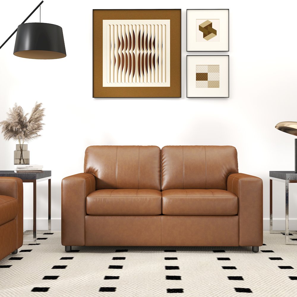 Sakan Leather 3-Pc Living Room Set, Sofa Loveseat and Chair, Caramel. Picture 12