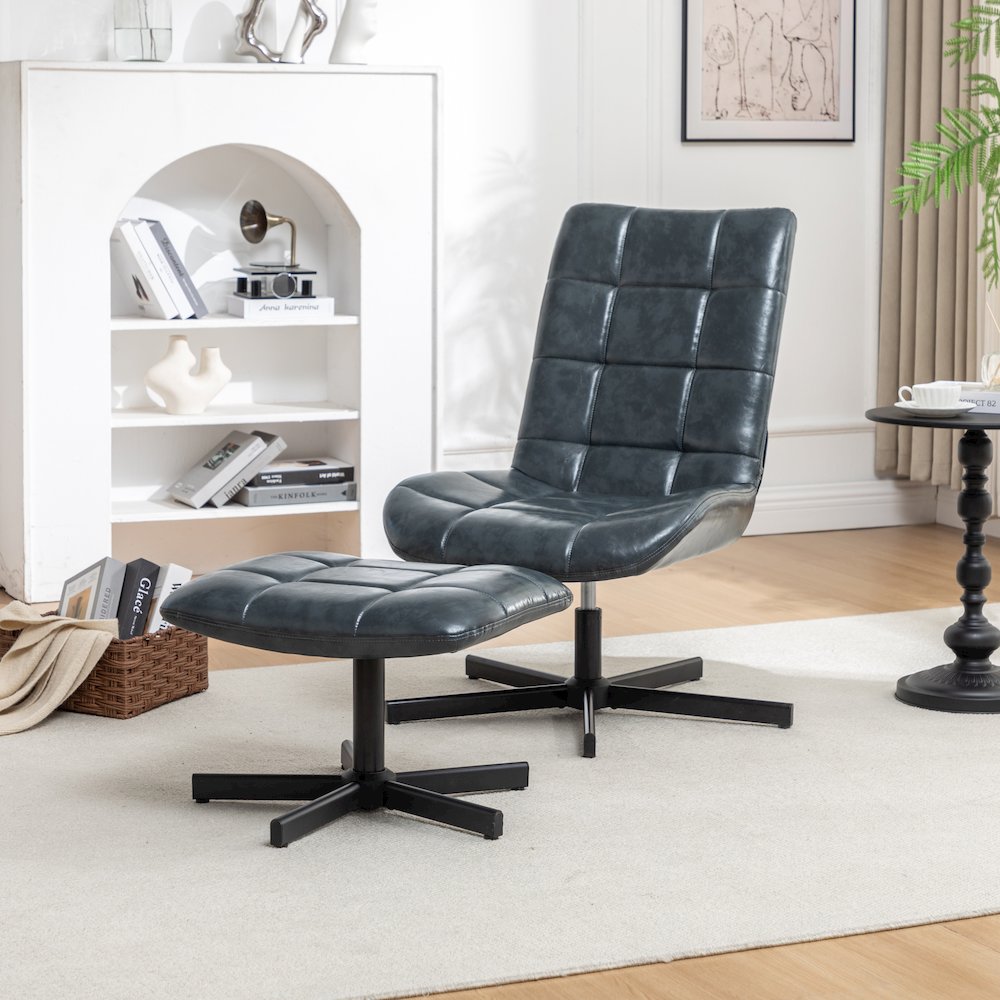 Arlena 2-Piece Seating Set, Faux Leather Tufted Accent Chair and Ottoman, Blue. Picture 2