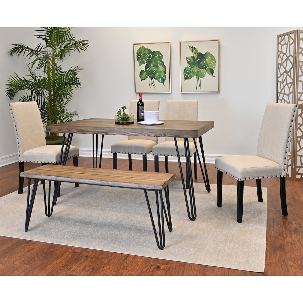 Amisos 6-Pc Dining Set, Hairpin Dining Table with 4 Chairs and Wood Bench, Tan. Picture 4