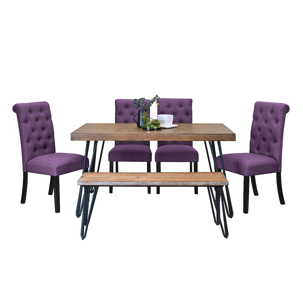 Ashford 6-Pc Dining Set, Hairpin Dining Table with 4 Chairs and Bench, Purple. Picture 1