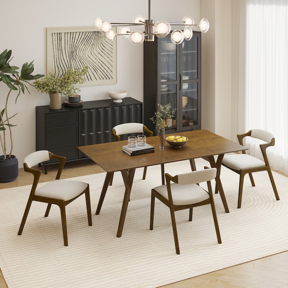 Modern 5-Piece Dining Set, Walnut Finished Dining Table with 4 Brown Chairs. Picture 2