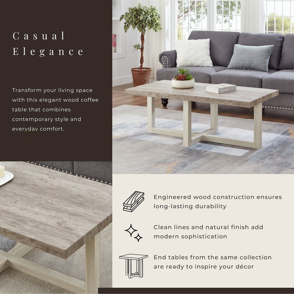 Luno Contemporary Coffee Table, Weathered Gray and Beige. Picture 7