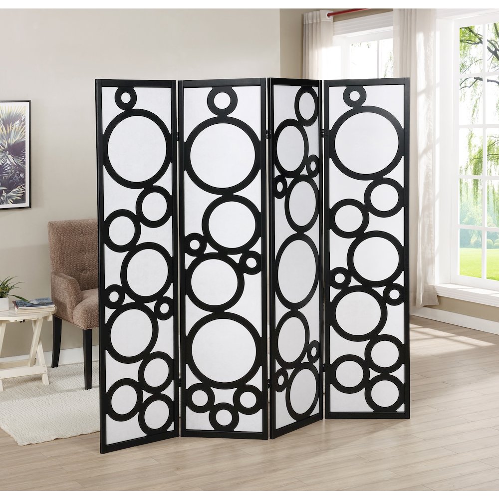 Arvada 4-Panel Wood Room Divider with Circle Pattern, Black. Picture 2