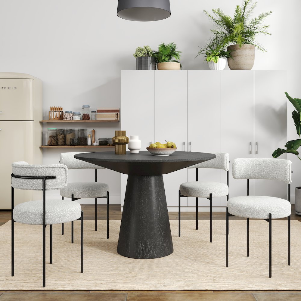 Corff 5-PC Round Pedestal Dining Set, with 4 Boucle Chairs, Black White. Picture 2