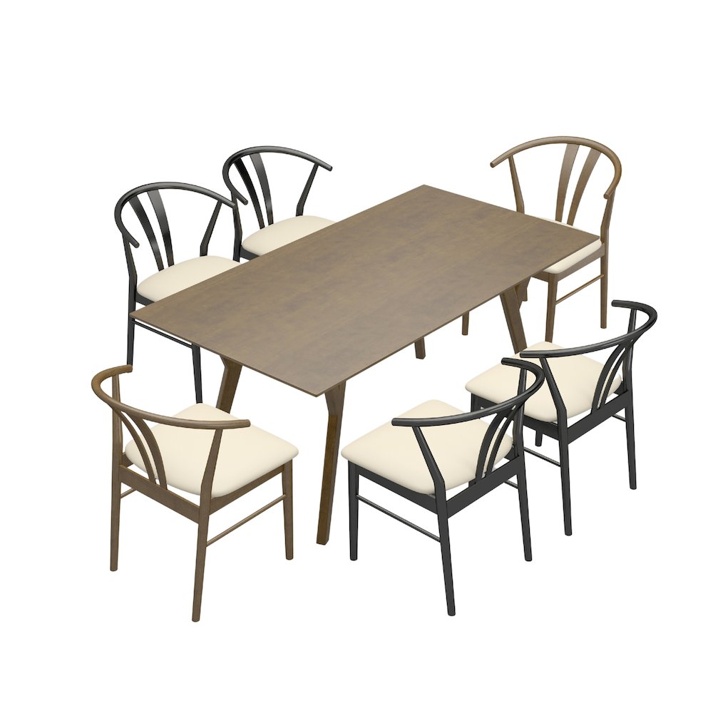 7-Piece Dining Set, Wood Dining Table with 2 Walnut and 4 Black Wishbone Chairs. Picture 1