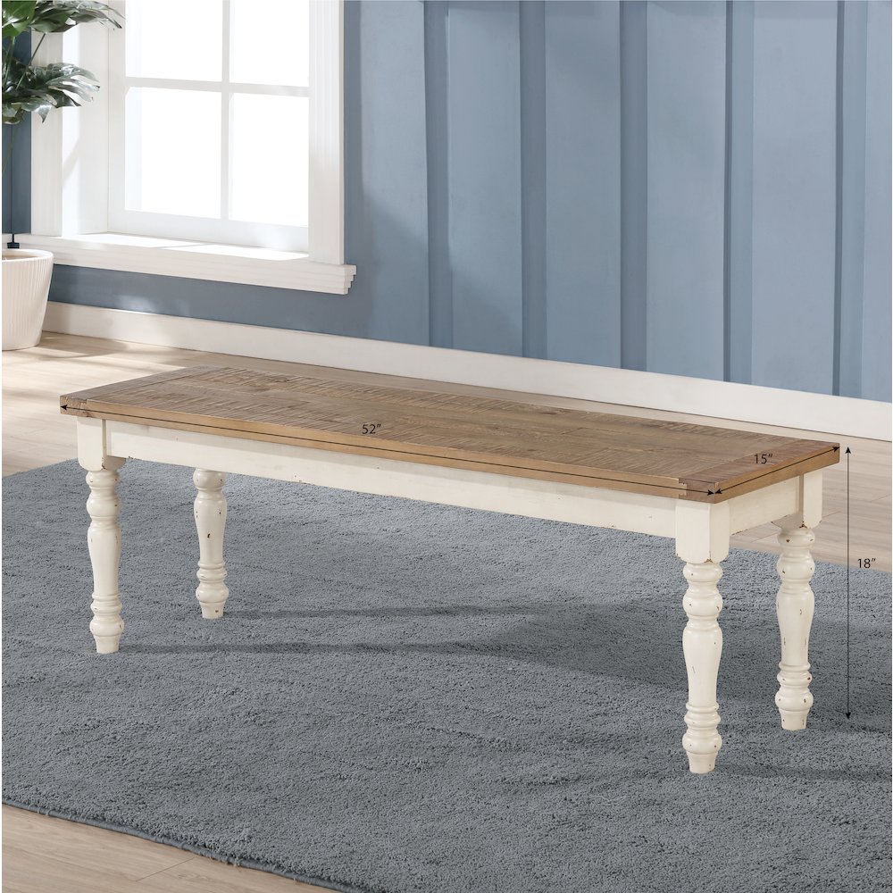 Prato Two-Tone Wood Dining Bench, Antique White and Distressed Oak. Picture 4