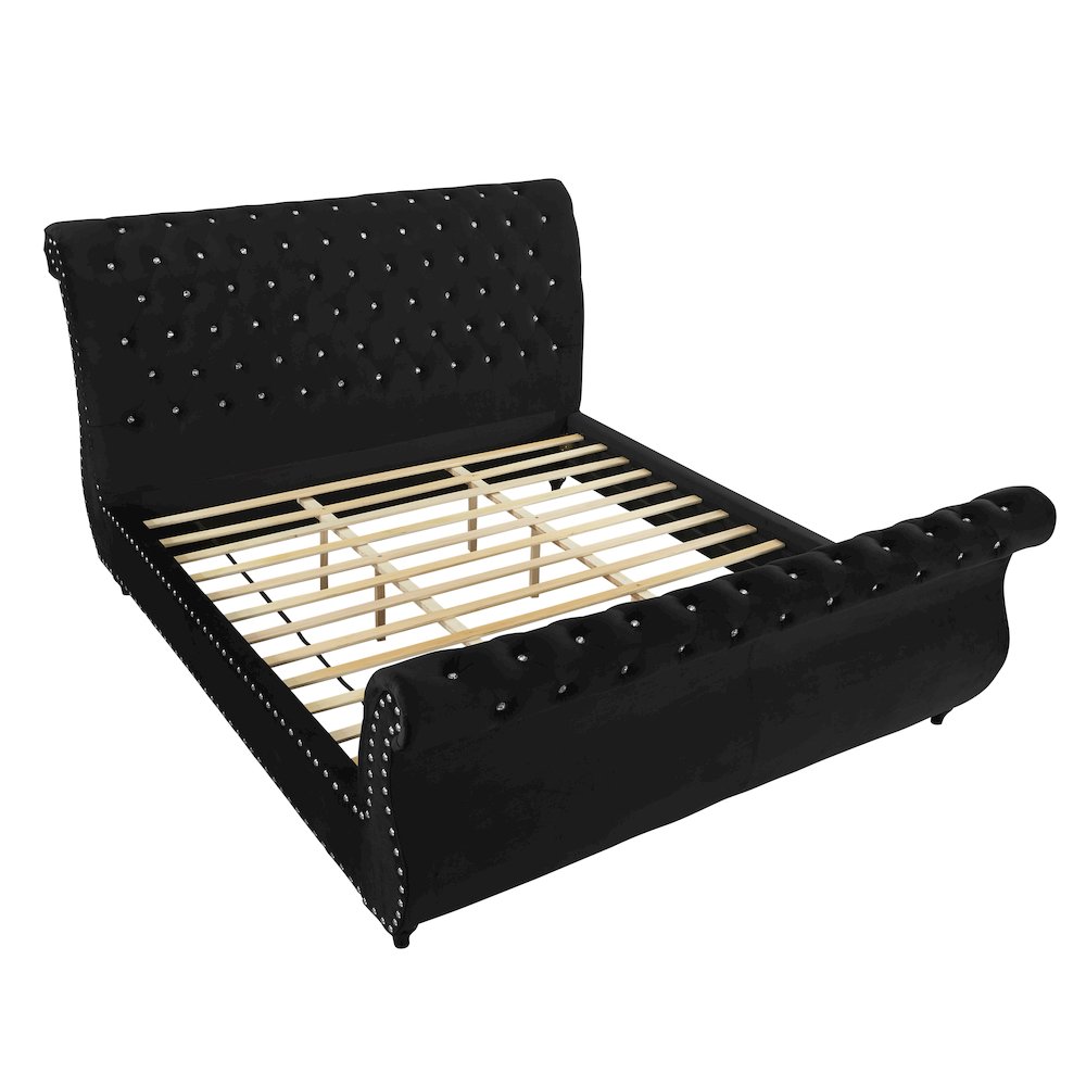 Evora Black Velvet Upholstered Crystal Button Tufted Sleigh Bed, King. Picture 5