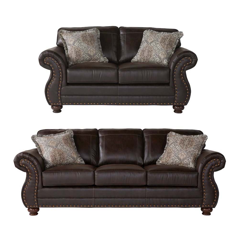 Leinster Faux Leather Upholstered Nailhead Sofa and Loveseat Set in Espresso. Picture 10