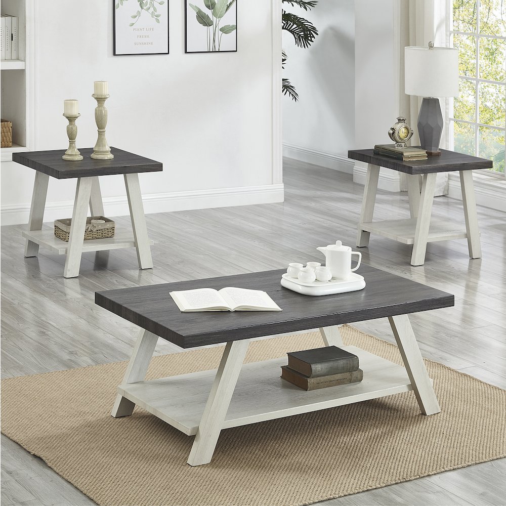 Athens Contemporary 3Pc Wood Shelf Coffee Table Set in Weathered Charcoal/Beige. Picture 3