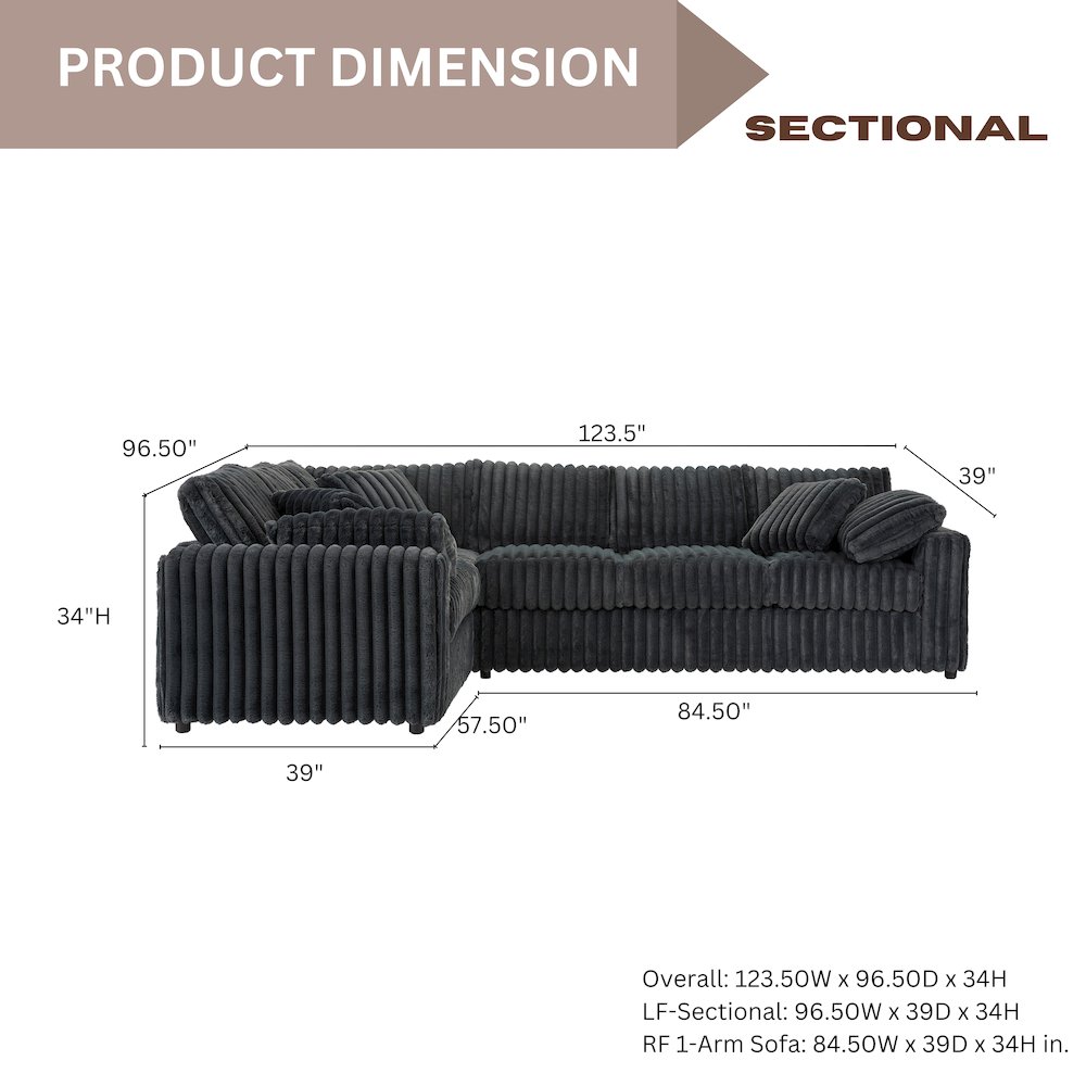 Belvoir 3-Piece Living Room Set, Sofa Cuddle Chaise and Ottoman, Charcoal. Picture 10