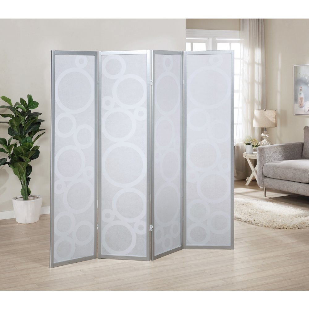 Arvada 4-Panel Wood Room Divider with Circle Pattern, Silver. Picture 3