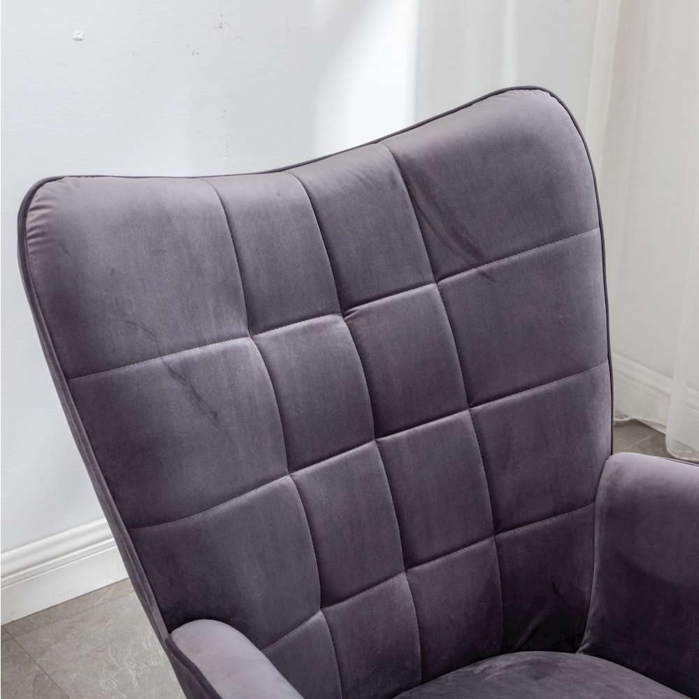 Leiria Contemporary Silky Velvet Tufted Accent Chair with Ottoman, Gray. Picture 10