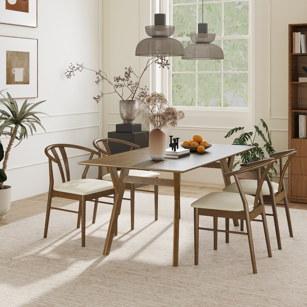 5-Piece Dining Set, Walnut Finished Dining Table with 4 Brown Wishbone Chairs. Picture 4