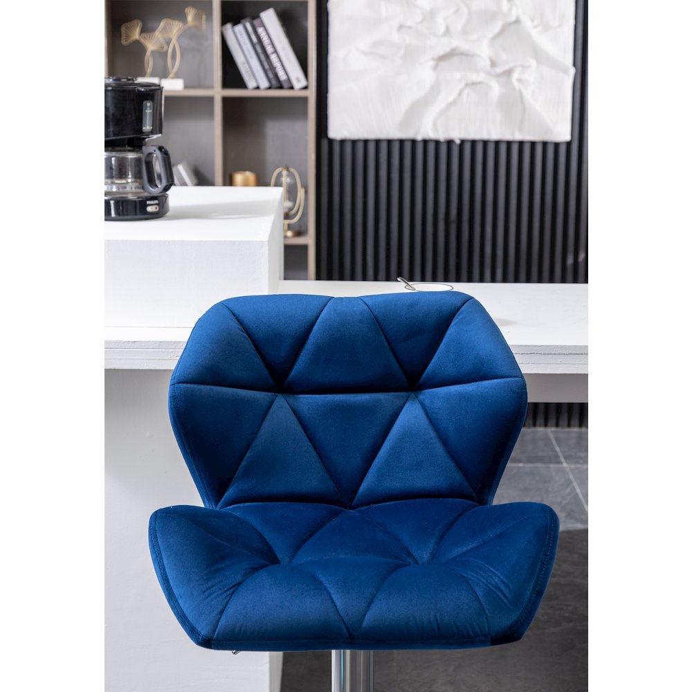 Breni Velvet Diamond Tufted Swivel Adjustable Height Barstool, Set of 2, Blue. Picture 7