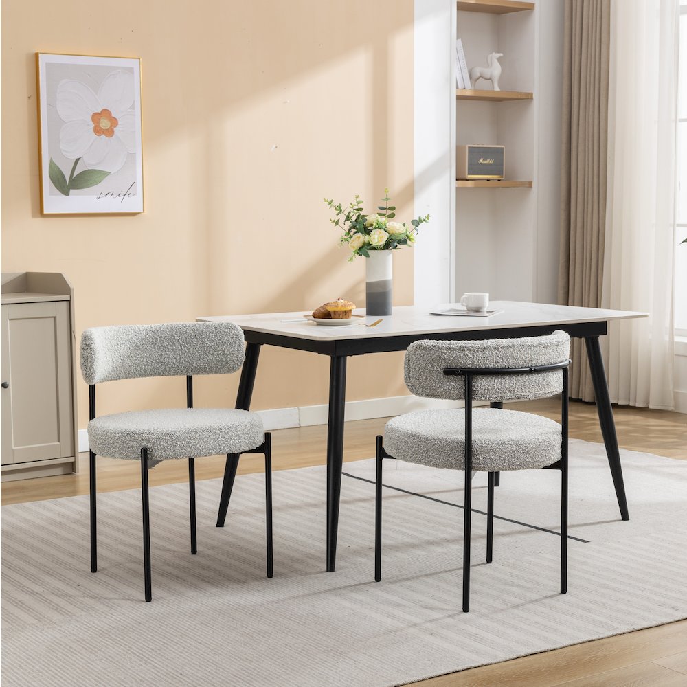 Burbank Modern Round Boucle Dining Chairs, Set of 2, Black White. Picture 7