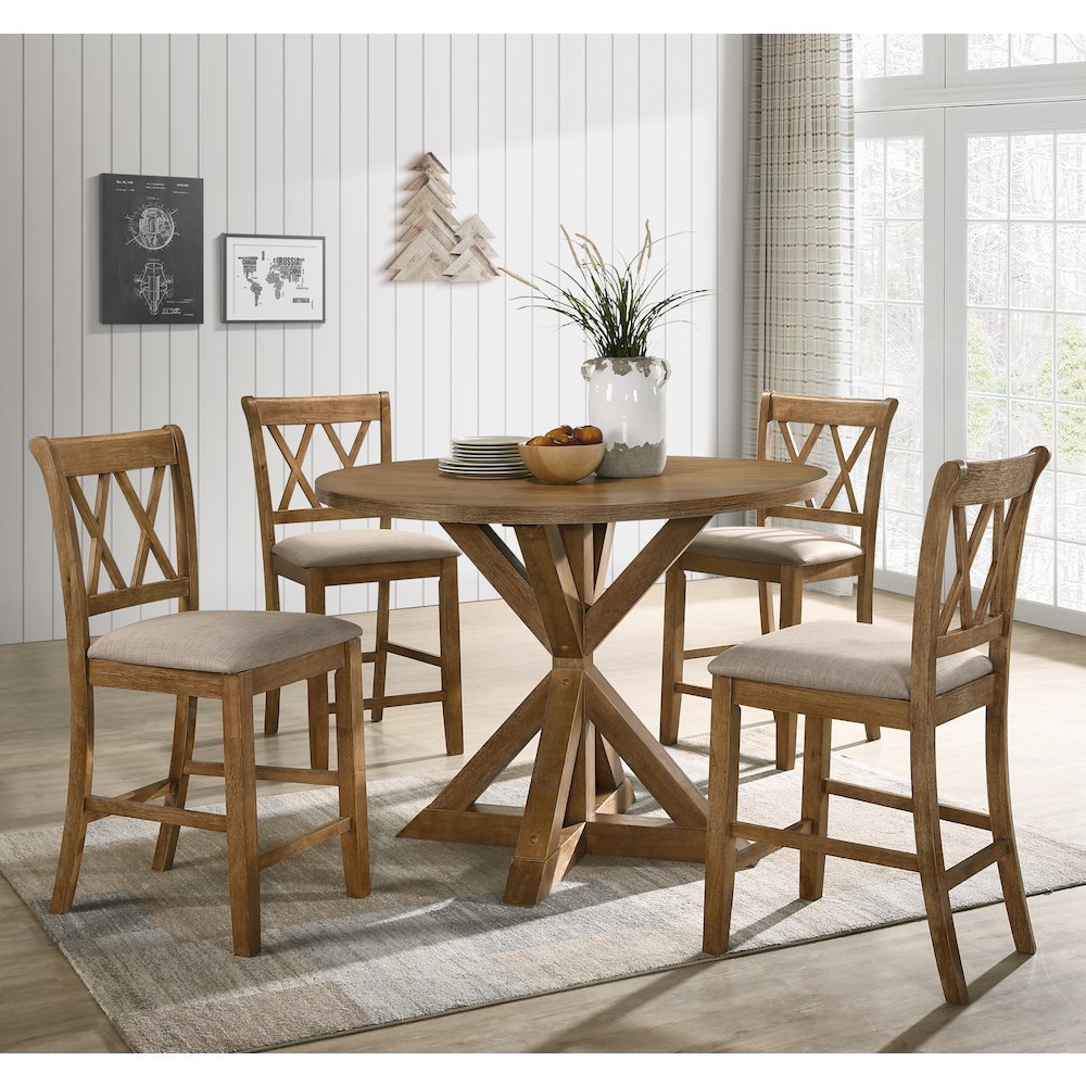 Windvale Cross-Buck Wood 5-Piece Counter Height Dining Set, Tan. Picture 2