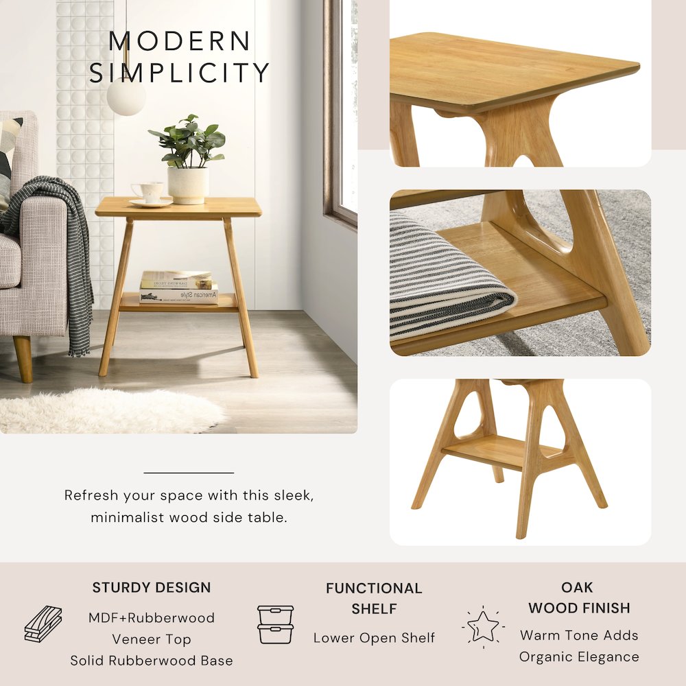 Arona Mid-Century Modern Wood Shelf End Table, Natural Oak Finish. Picture 4
