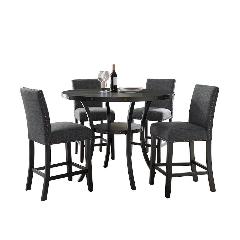 Biony Espresso Wood Counter Height Dining Set with Gray Fabric Nailhead Stools. Picture 1