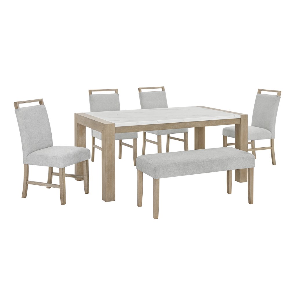 Zelalle 6-PC Dining Set, Table, 4 Chairs, and Bench, White Wired-Brushed Finish. Picture 1