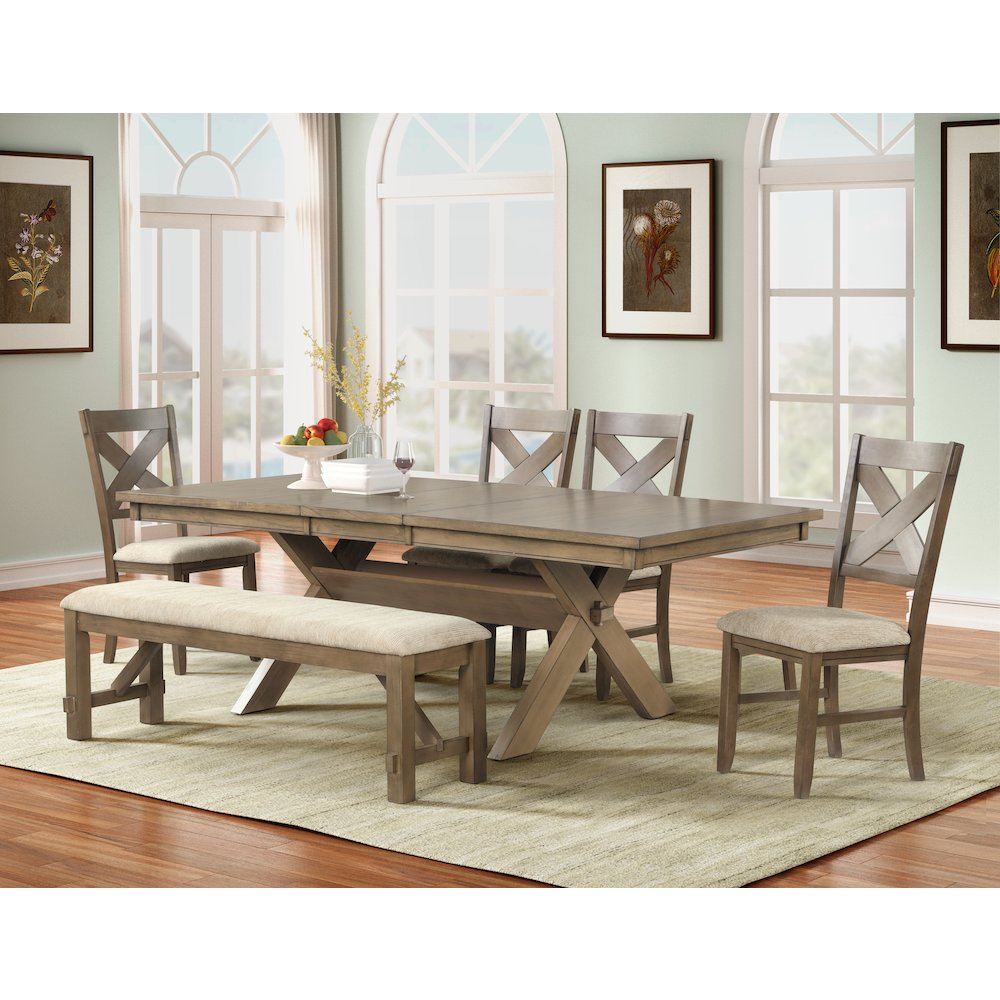 Raven Wood 6-PC Dining Set, Extendable Table, 4 Chairs, Bench, Glazed Pine Brown. Picture 3
