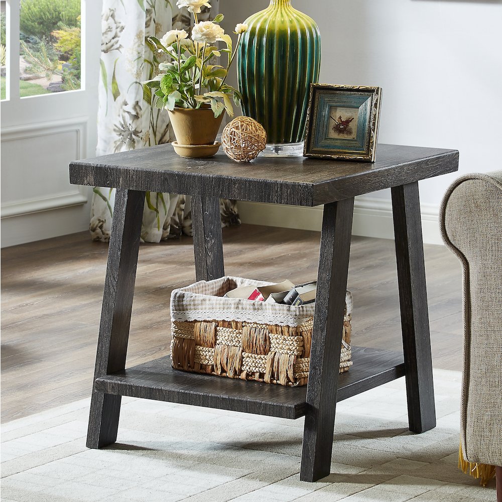 Athens Contemporary Replicated Wood Shelf Coffee Set Table in Charcoal Finish. Picture 5