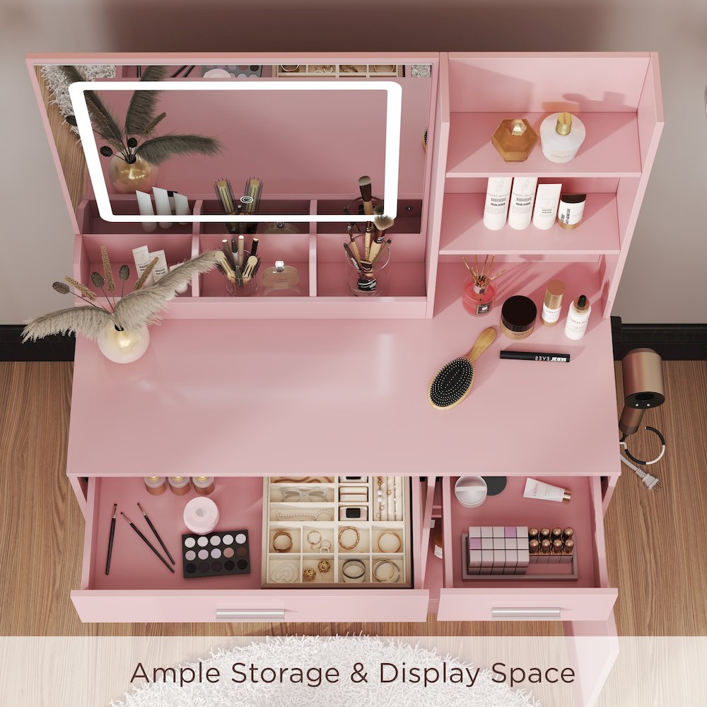 Makeup Vanity Set, Vanity Desk, Stool, LED Light Mirror, Pink. Picture 8