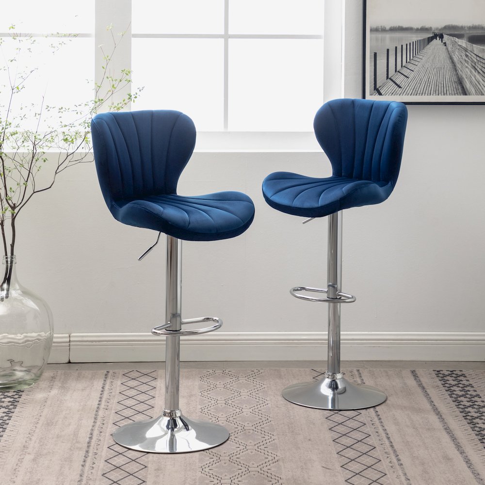 Ellston Upholstered Adjustable Swivel Barstools in Blue, Set of 2. Picture 4