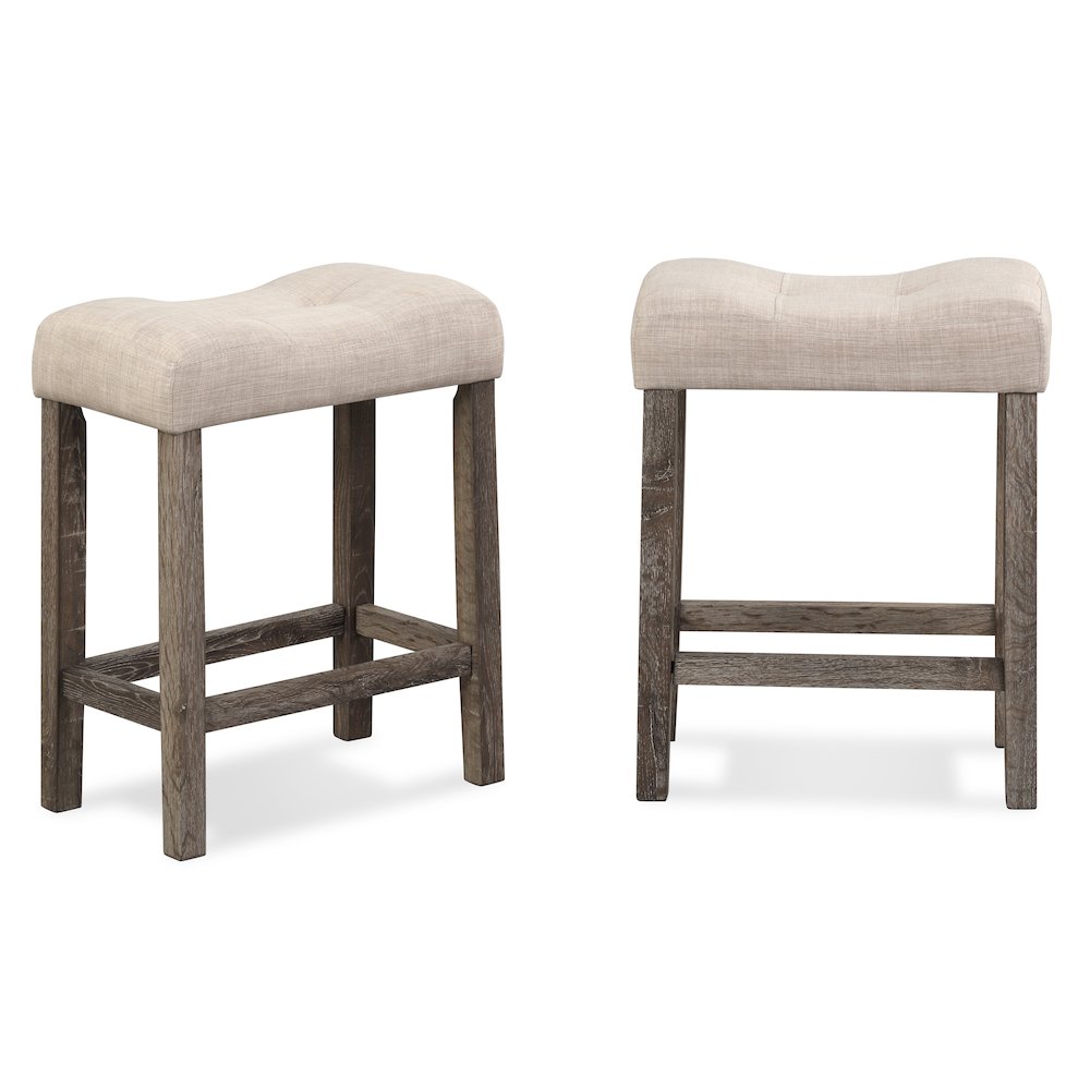 Sora Button Tufted Counter Height Saddle Stool, Set of 2, Taupe. Picture 1