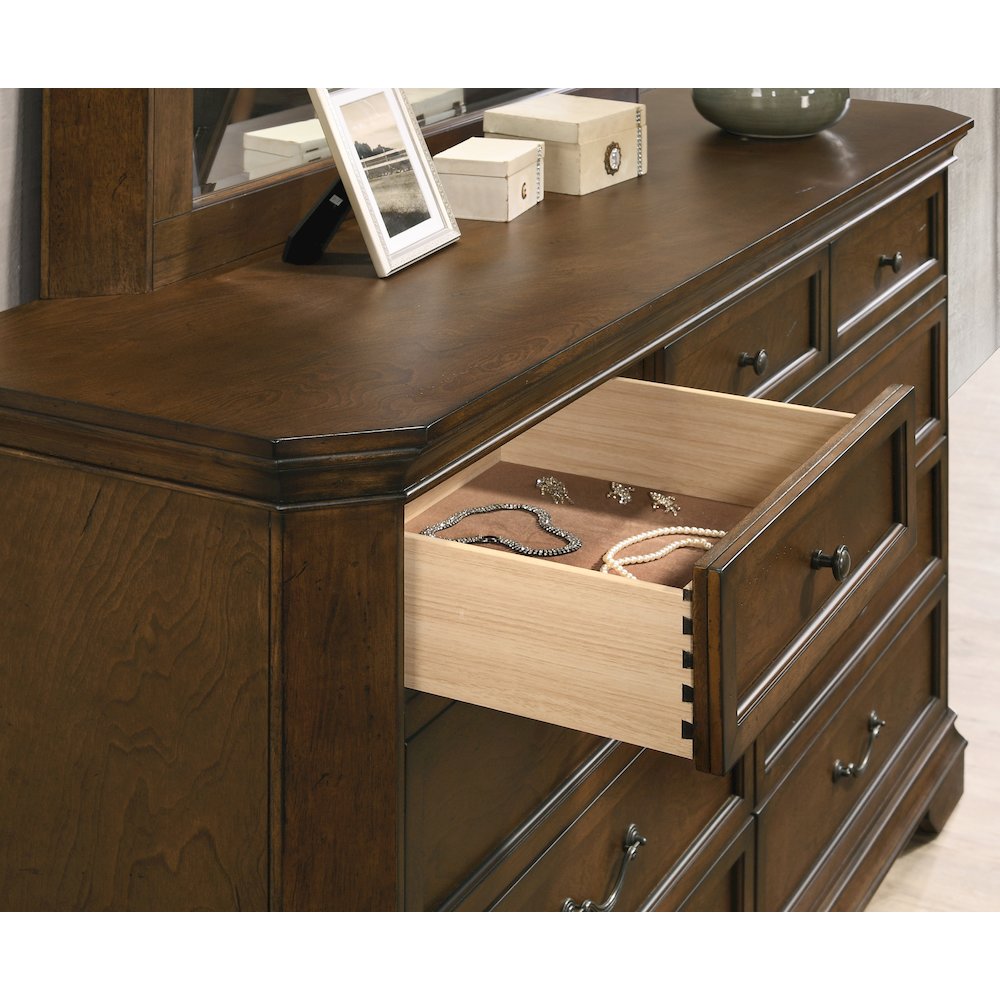 Maderne Traditional Wood 9-Drawer Dresser with Mirror, Antique Walnut Finish. Picture 4