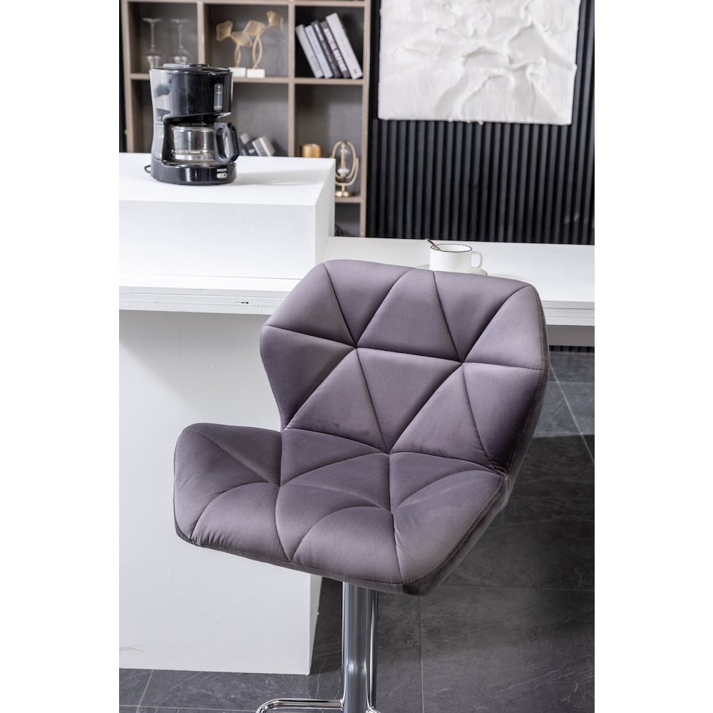 Breni Velvet Diamond Tufted Swivel Adjustable Height Barstool, Set of 2, Gray. Picture 8