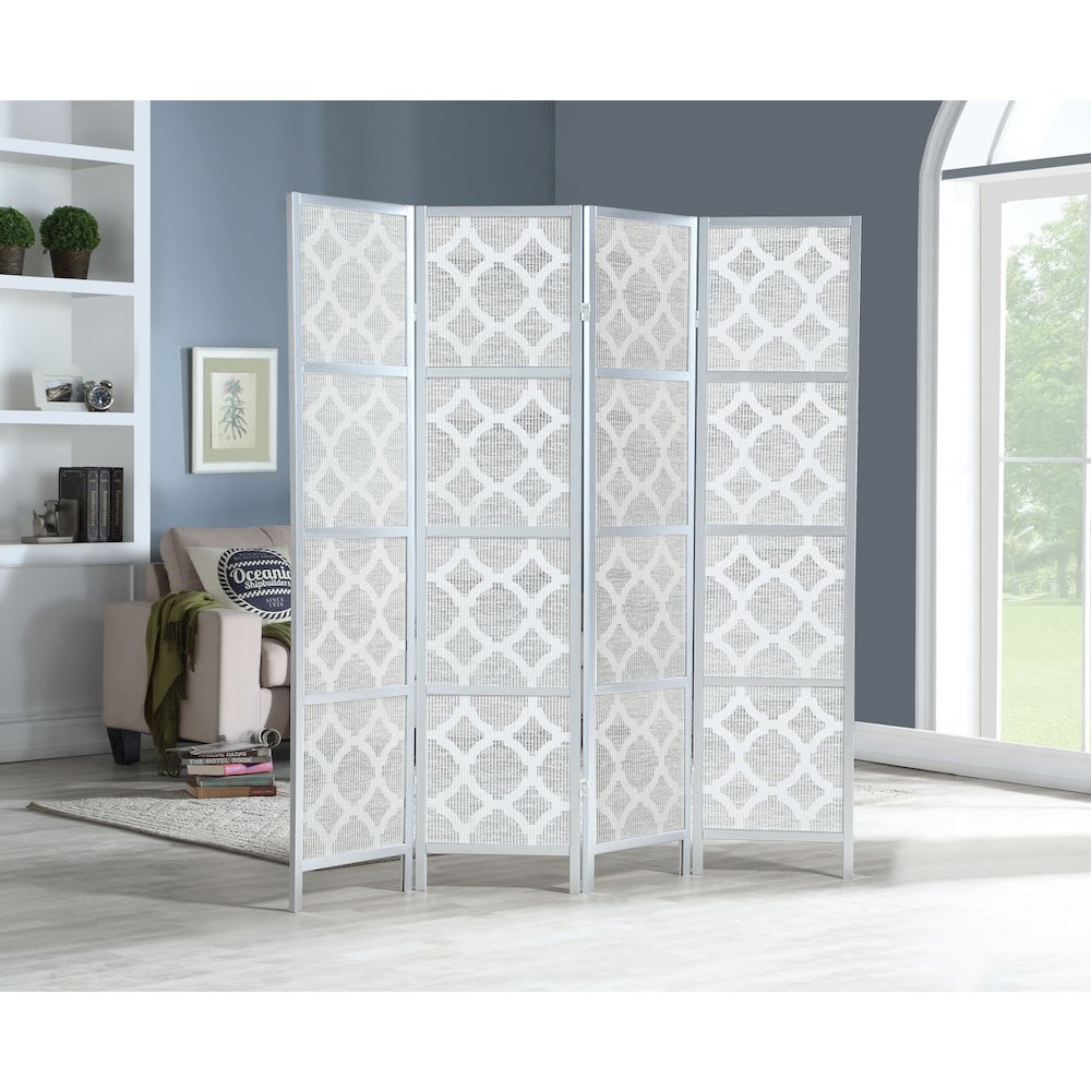 Quarterfoil infused Diamond Design 4-Panel Room Divider, Silver. Picture 4