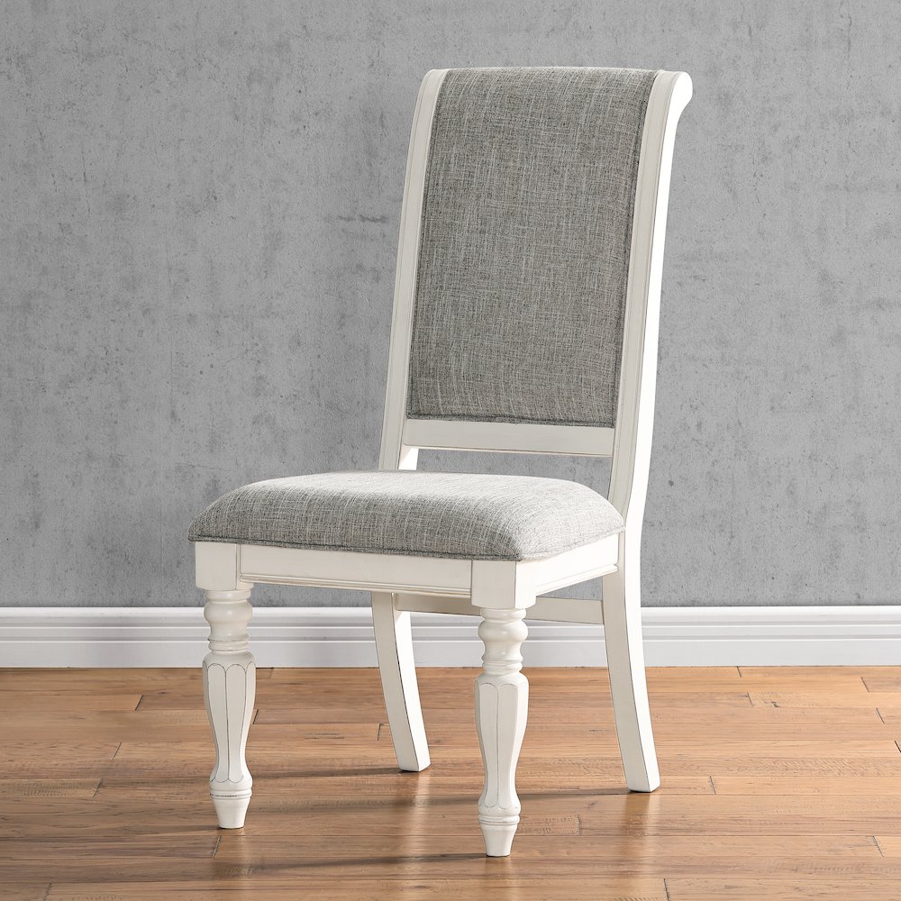 Belleza Antique White Solid Wood Upholstered Dining Chairs, Set of 2. Picture 5