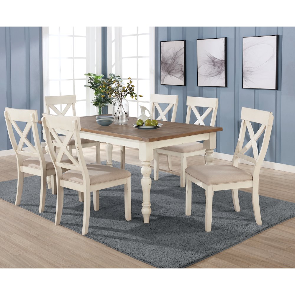 Prato 7-PC Dining Set With Cross Back Chairs, Antique White and Distressed Oak. Picture 2