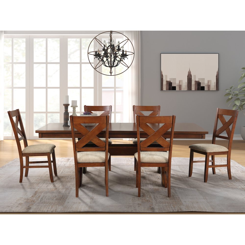 Karven Wood 7-PC Dining Set, Extendable Trestle Table, 6 Chairs, Dark Hazelnut. Picture 2