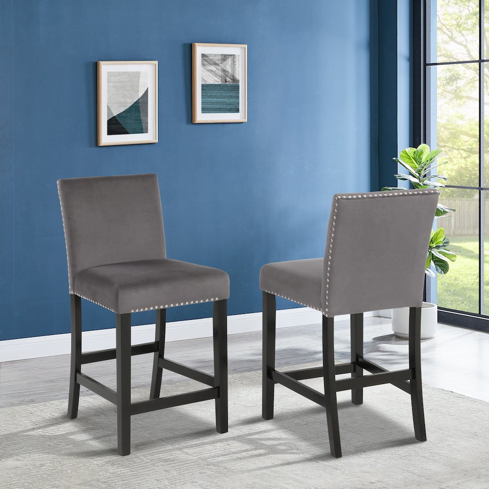 Cobre Contemporary Velvet Counter Stool with Nailhead Trim, Set of 2, Gray. Picture 2