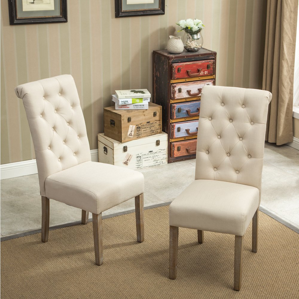 Habit Tan Solid Wood Tufted Parsons Dining Chair ,Set of 2. Picture 4