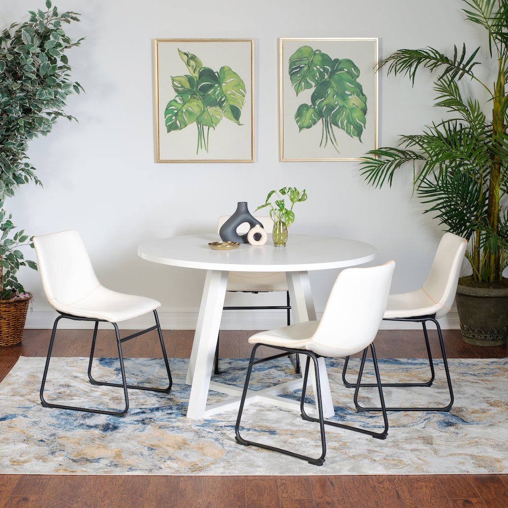 Varna 5-Pc Round Dining Set, Trestle Dining Table with 4 Chairs, White. Picture 1