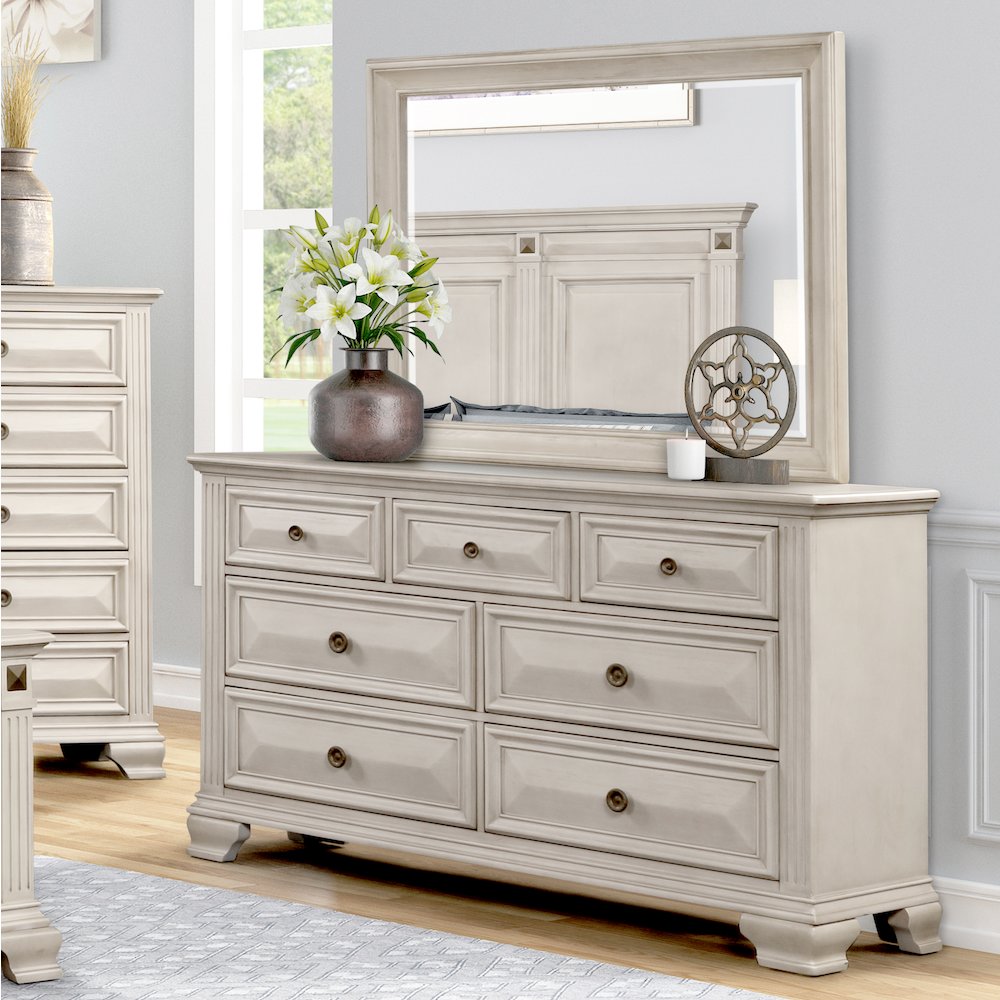 Parchment Wood Bedroom Set, King Bed, Dresser, Mirror, 2 Nightstands, Chest. Picture 9