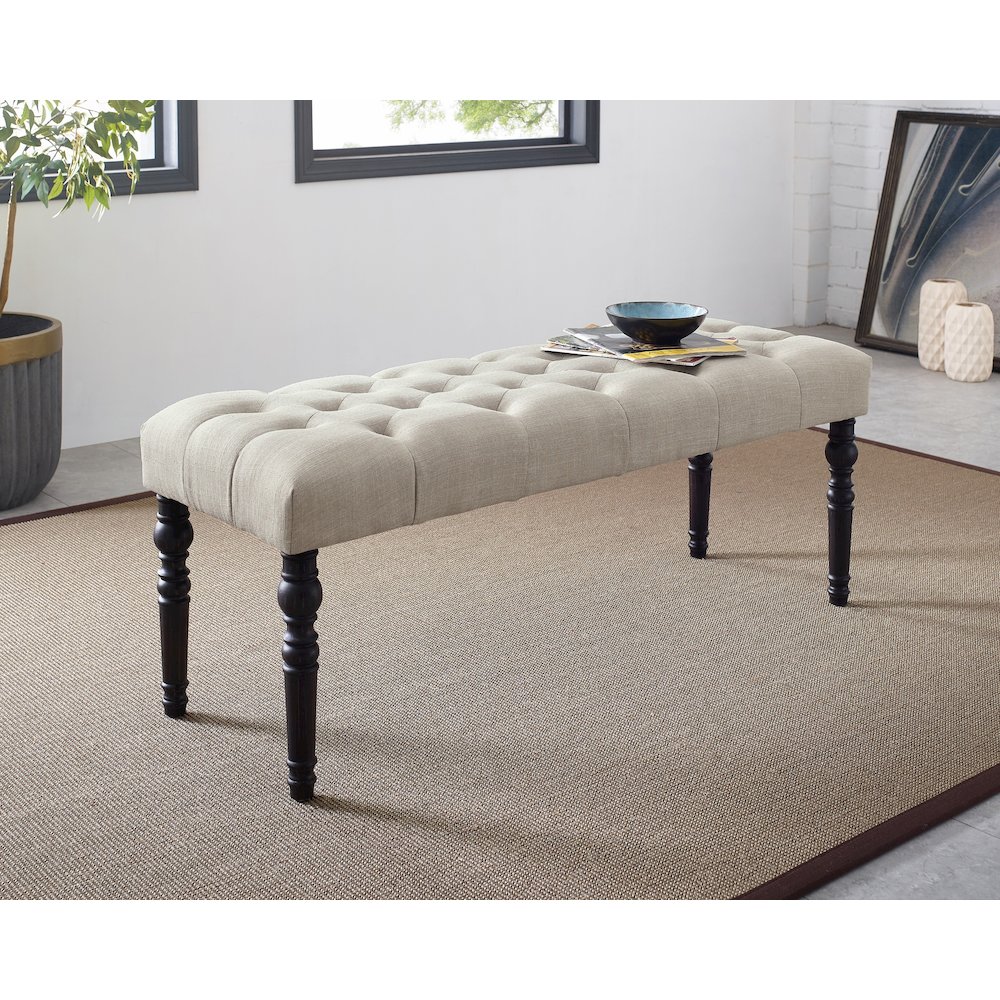 Leviton Fabric Tufted Turned Leg Dining Bench, Tan. Picture 2