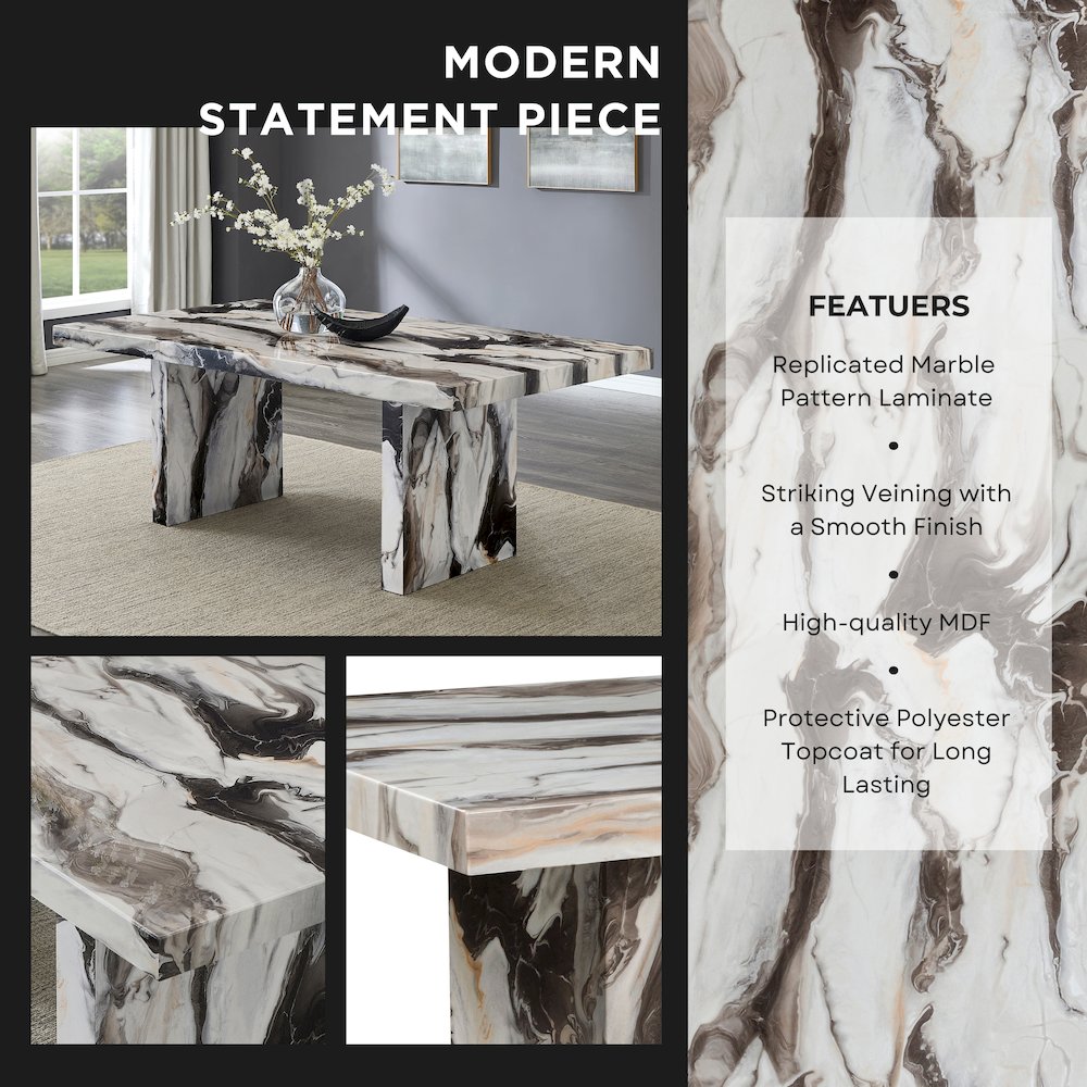 Cavira Modern Faux Marble Dining Table with Double Pedestal Base. Picture 6
