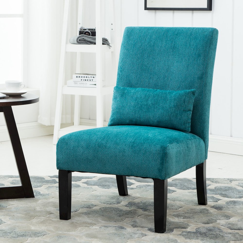 Pisano Teal Blue Fabric Armless Accent Chair with Matching Kidney Pillow. Picture 2