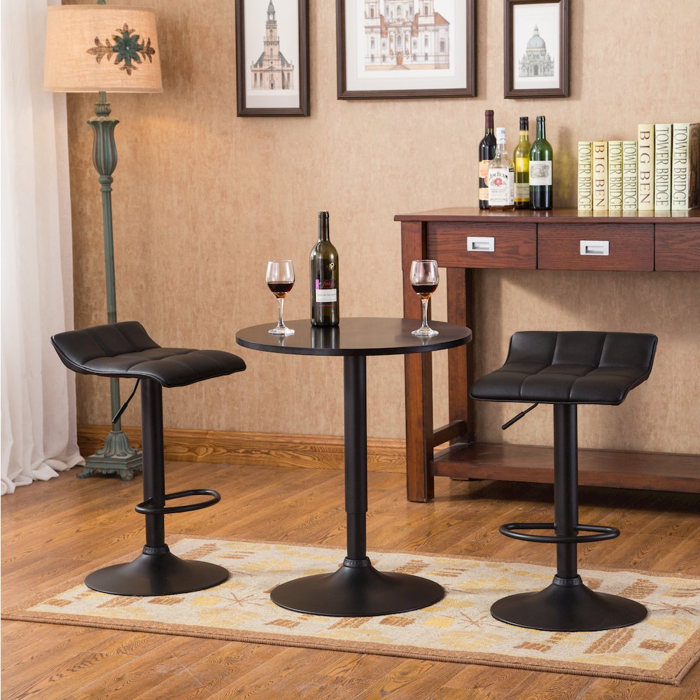 Belham Round Adjustable Bar Table and 2 Swivel Adjustable Bar Stools, Black. Picture 6