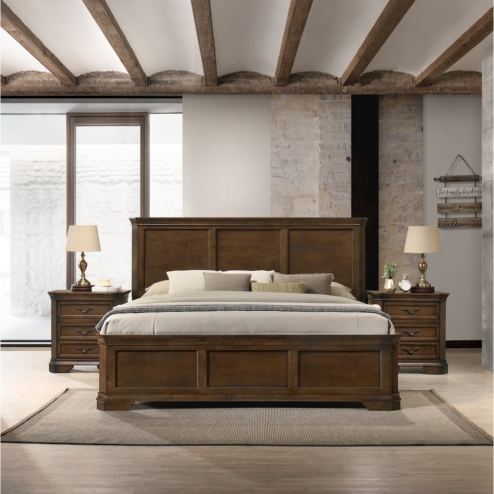 3-Piece Bedroom Set, King Panel Bed and 2 Nightstands, Antique Walnut Finish. Picture 2