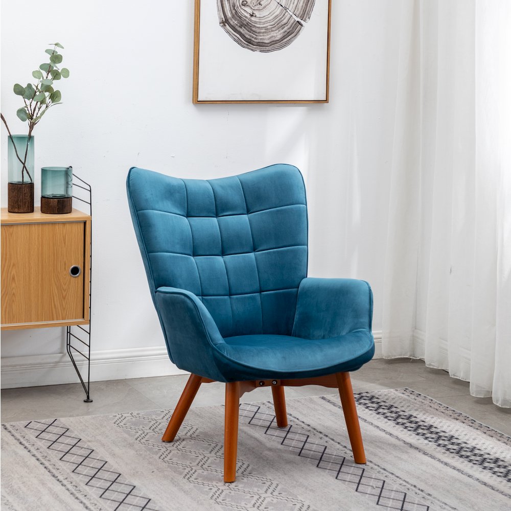 Leiria Contemporary Silky Velvet Tufted Accent Chair with Ottoman, Blue. Picture 7