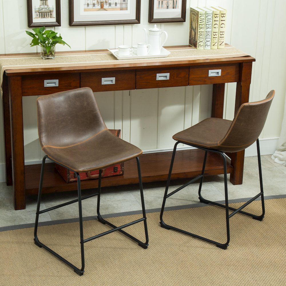 Lotusville Vintage PU Leather Counter Height Stools, Antique Brown, Set of 2. Picture 5