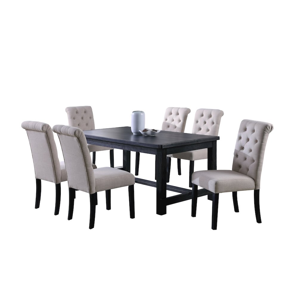 Leviton Antique Black Finished Wood Dining Set, Table with Six Chairs, Tan. Picture 1