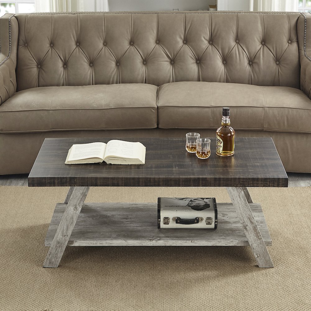 Athens Contemporary Two-Tone Wood Shelf Coffee Table in Weathered Walnut/Gray. Picture 2