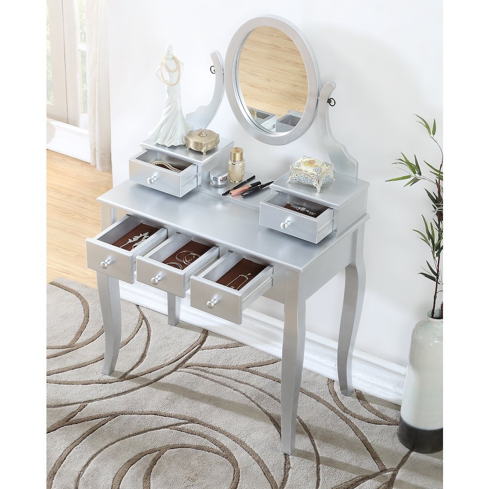 Ashley Wood Makeup Vanity Table and Stool Set, Silver. Picture 3