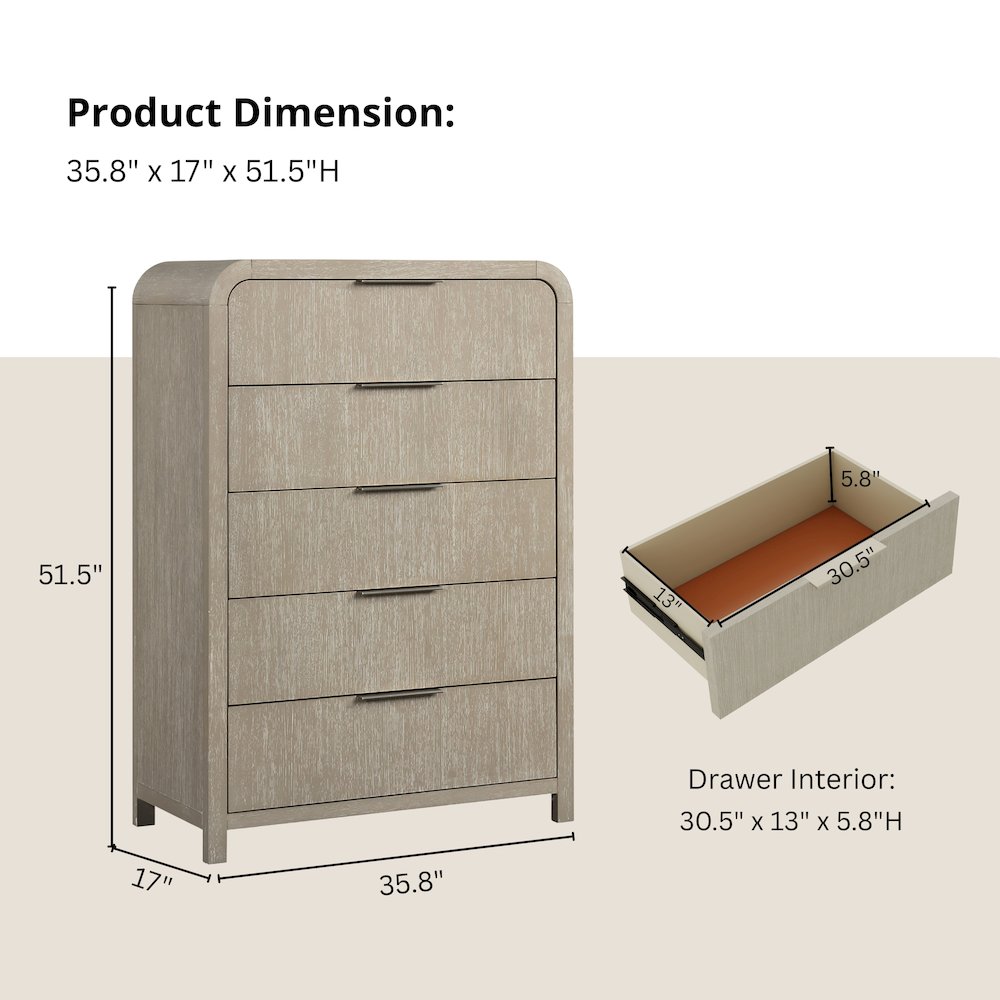 Tavari Contemporary 5-Drawer Wood Chest, Light Gray. Picture 13